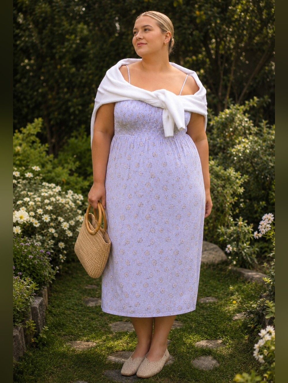 H&M Linen Blend Size XXL: Smocked Lavender Floral Midi Sundress with Thin Straps